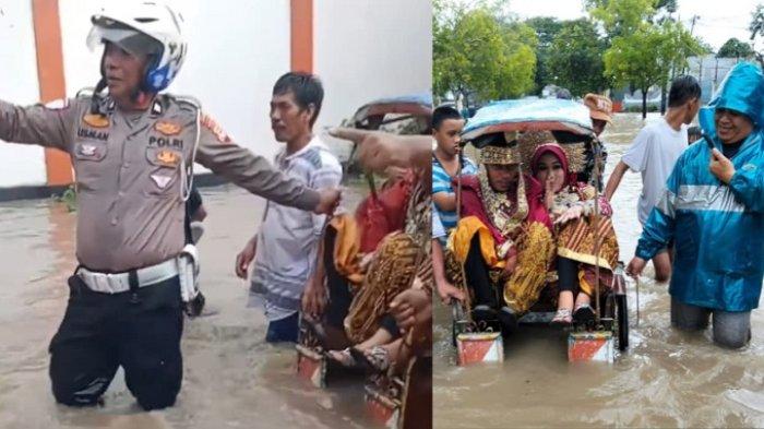 Sepasang pengantin terjabak banjir menumpangi banjir di Jl Kenari dan Jl Nangka, Kecamatan Ujung Bulu/