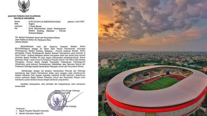 Surat Menpora Dito tunjukan Stadion Sudiang calon markas PSM Makassar akan mirip Stadion Manahan Solo dengan kapasitas 30 ribu penonton.