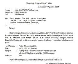 Undangan seremoni pelantikan ‘ulang’ Andi Winarno Eka Putra sebagai Penjabat (Pj) Bupati Bone, Rabu (14/8/2024) pagi besok, sudah ditarik.