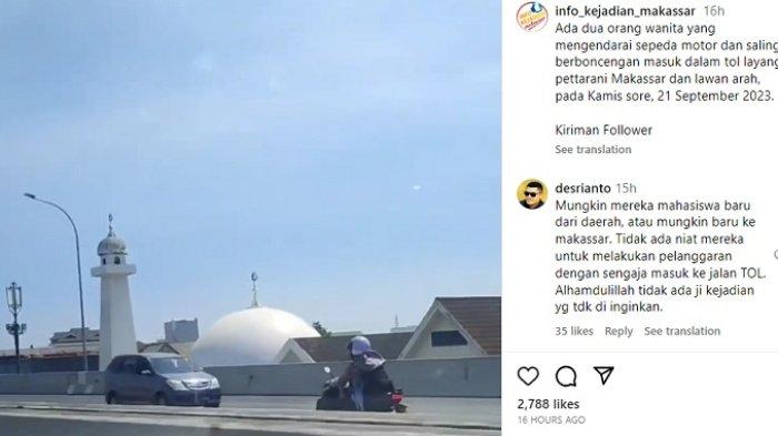 Capture video viral dua wanita berboncengan masuk jalan tol layang Makassar, Kamis (21/9/2023).