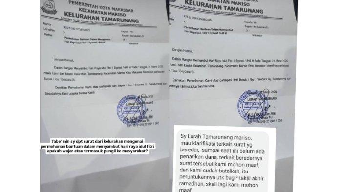 MINTA UANG - Tangkapan layar dari media sosial menunjukkan foto surat permintaan dana dari Lurah Tamarunang, M Ilyas kepada pengusaha di Kelurahan Tamarunang, Kecamatan Mariso, Kota Makassar, Sulsel. Surat tersebut ditarik setelah viral dan Ilyas mengaku meminta uang untuk bagi-bagi makanan berbuka puasa.