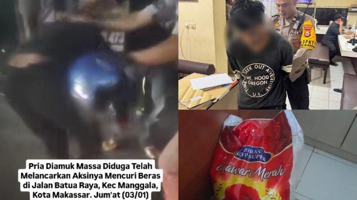 Pencuri beras diamuk warga dan saat dievakuasi personel Polsek Manggala, Kota Makassar