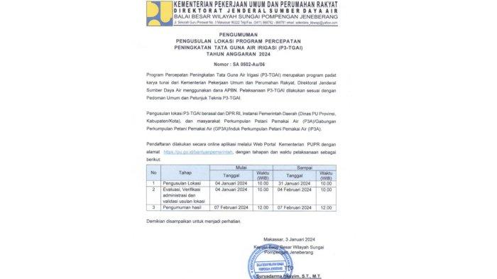 Kementerian PUPR Direktorat Jenderal Sumber Daya Air Balai Besar Wilayah Sungai Pompengan Jeneberang umumkan pengusulan lokasi P3-TGAI Tahun Anggaran 2024.