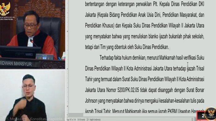 PUTUSAN MK- Mahkamah Konstitusi memutuskan Trisal Tahir dan Akhmad Syarifuddin, Senin (24/2/2025). 

Hakim MK Ridwan Mansyur mengatakan, mahkamah sudah mendengar keterangan dari Dinas Pendidikan DKI Jakarta. 