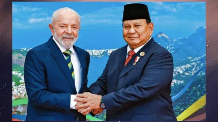 Presiden Brasil Luiz Inacio Lula da Silva (kiri) berpose untuk foto bersama Presiden Indonesia Prabowo Subianto di Rio de Janeiro, Brasil. Indonesia bergabung dengan Rusia, Tiongkok, dan negara-negara lain dalam kelompok BRICS, yang dipandang sebagai penyeimbang bagi Barat.