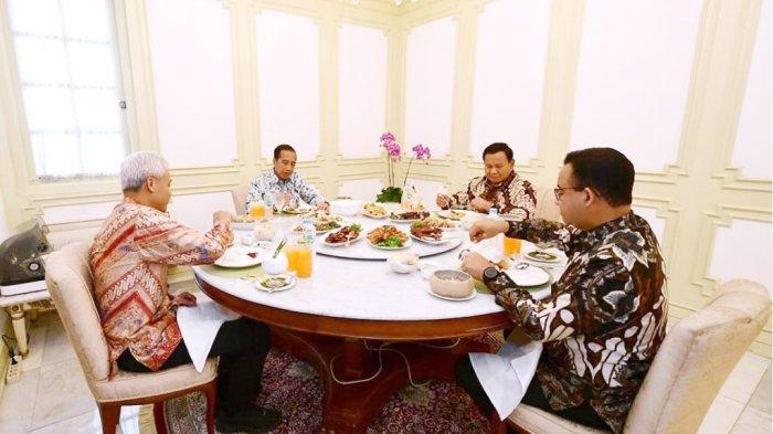 Presiden Jokowi makan bersama Ganjar Pranowo, Prabowo Subianto dan Anies Baswedan di Istana beberapa waktu lalu. Approval rating (tingkat kepuasaan) Presiden Joko Widodo (Jokowi) antara 70 - 80 persen. Jokowi menjadi faktor penentu Pemilu dan Pilpres 2024.