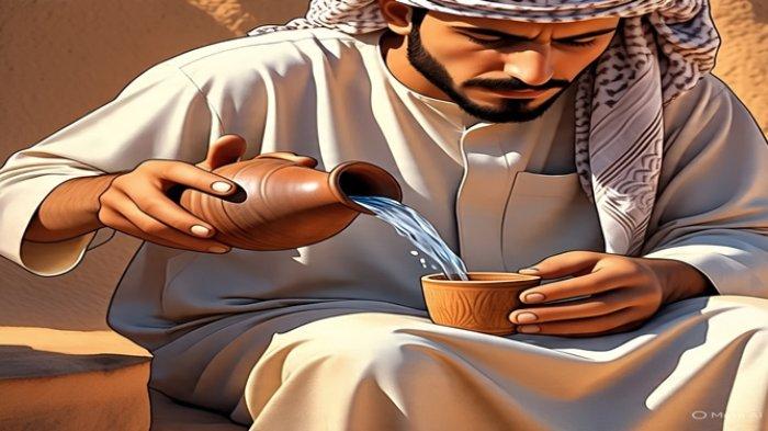 BERDOA: Ilustrasi orang Islam mau minum air zam-zam foto dibuat Meta Ai WhatsApp, Kamis 19 Juni 2025.