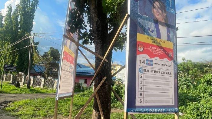 Baliho caleg DPR, DPRD dan DPD terpantau di pasang dengan cara di paku ke Pohon tepi / bahu jalan di Kota Bitung