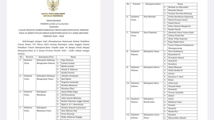 Berikut nama-nama calon KPU 7 Kabupaten Kota yang tertera dalam SK yang beredar