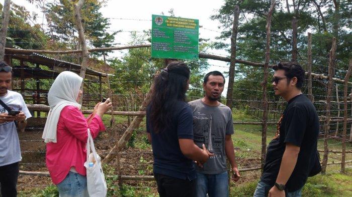 Dedi Suhendri dan Musir saat berdialog dengan wartawan di depan kandang ternak antiserangan harimau