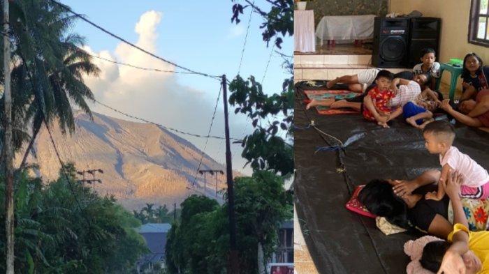 Gunung Ruang terlihat dari Desa Bahoi, Tagulandang, Kep. Sitaro, Minggu (21/4/2024). Foto lain pengungsi.