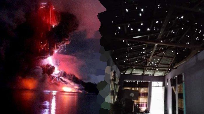 Rumah terdampak akibat hujan batu akibat Gunung Ruang meletus.