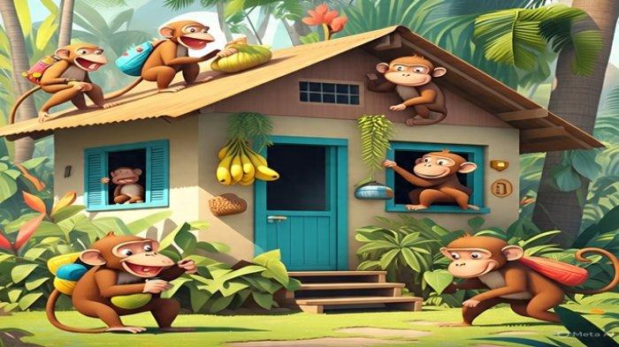 RUMAH DISERBU MONYET: Ilustrasi monyet serbu rumah warga foto dibuat Meta Ai WhatsApp Selasa 8 Juli 2025. Warga perumahan Komplek Grand Sultan Mahatama, Cluster Kindai Mavera, Banjarmasin, Kalimantan Selatan digegerkan dengan kemunculan sejumlah monyet.