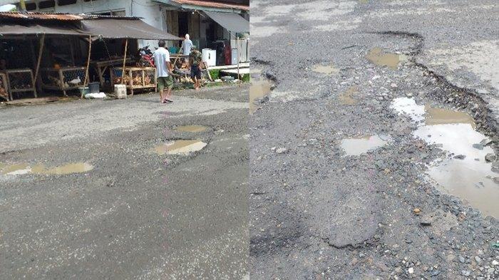 JADI SOROTAN: Jalan Berlubang di Komplek pasar dan terminal Serasi Kotamobagu dikeluhkan warga dan pengendara, Rabu 14 Mei 2025.