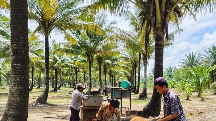 KOPRA - Ilustrasi para petani mengolah buah kelapa menjadi kopra. Gambar dibuat oleh Meta AI pada Selasa (3/6/2025). Kopra di Manado, Sulawesi Utara, turun harga, Selasa (3/6/2025).