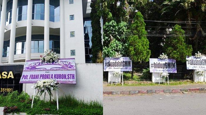 Karangan bunga bertuliskan 'GMIM Harga Mati' hingga 'Hidup GMIM', tertampang di area Kantor Sinode GMIM, Tomohon, Sulut pada Jumat (8/11/2024).