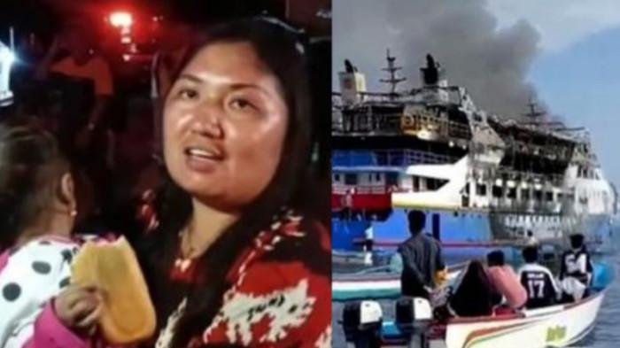 KORBAN SELAMAT - Kolase foto (1) Vani Arunde bersama anaknya saat tiba di Pelabuhan Munte, Likupang, Minut, Sulawesi Utara, Minggu 20 Juli 2025, (2) Kondisi KM Barcelona V, Senin (21/7/2025). Vani Arunde menjadi salah satu saksi hidup peristiwa kebakaran KM Barcelona 5, di perairan Talise, Minahasa Utara, Sulawesi Utara, Minggu. Vani bersama dua anaknya yang masih balita, menumpangi kapal tersebut dari Talaud dengan tujuan ke Kota Manado.