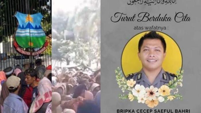 TRAGEDI NIKAHAN ANAK KDM -- Kolase foto di lokasi kejadian dan Bripka Cecep Saeful Bahri. Bripka Cecep adalah anggota polisi yang meninggal dunia dalam insiden tragis saat bertugas di tengah kerumunan warga yang memadati gerbang masuk Pendopo Garut dalam gelaran makan gratis pernikahan Wakil Bupati Garut Putri Karlina dengan anak Gubernur Jabar Dedi Mulyadi, Maula Akbar, Jumat (18/7/2025).