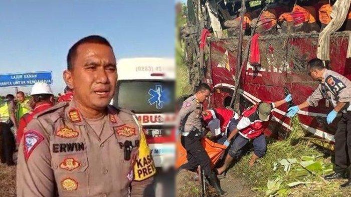 Kasat Lantas Polres Tegal AKP Erwin Chan Siregar dan evakuasi korban lakalantas bus Agra di Tol Pemalang-Pejagan.