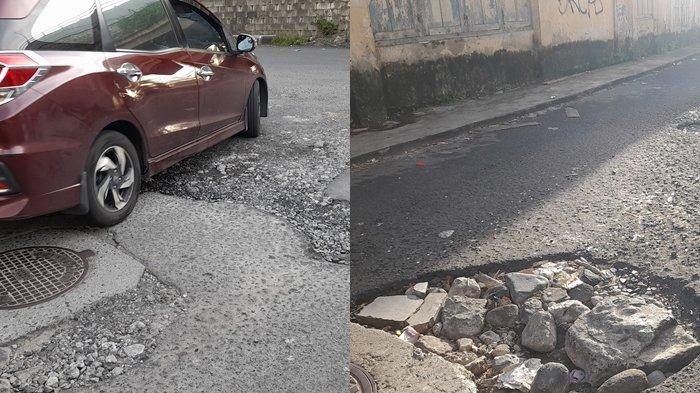 JALAN BERLUBANG: Lubang di jalan tembus dari pasar 45 menuju ke Jembatan Soekarno, Manado, Sulut. Amatan tribunmanado.com, Selasa (22/4/2025), dua lubang menganga di bagian jalan yang dekat Multi Mart Pasar 45.