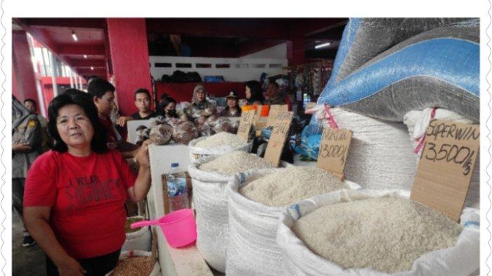 Pedagang beras di Pasar Bersehati menunggu pembeli. Harga beras memicu inflasi di Kota Manado pada Bulan September 2023.