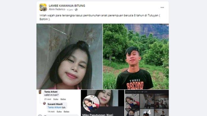 Potret yang disebut-sebut dua pelaku pembunuhan bocah di Boltim. Disebut berstatus suami-istri. (LAMBE KAWANUA BITUNG/Tangkap Layar)