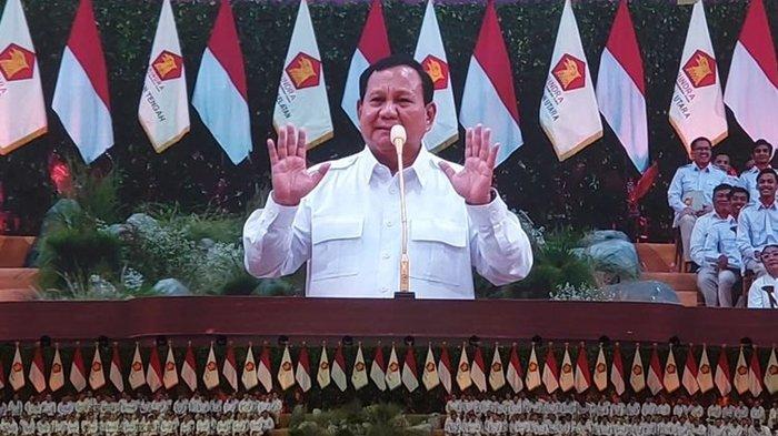 Prabowo Subianto saat berpidato di Rapimnas Gerindra 2024.