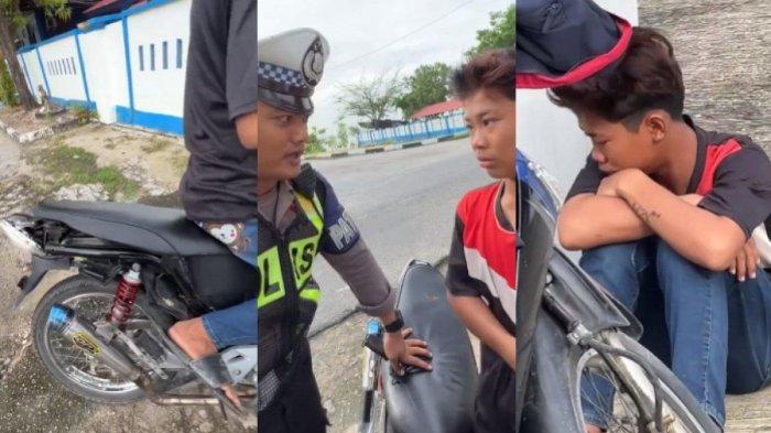 Remaja laki-laki bertato mewek saat ditilang polisi gara-gara menggunakan knalpot brong.
