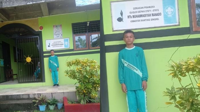 SEKOLAH: Potret Ikra berpose di MTs Muhammadiyah Manado Kamis 17 Juli 2025. Ikra adalah siswa SMP yang viral tak beroleh sekolah negeri di Manado.