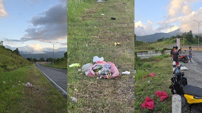 Sampah berserakan di tepi jalan menuju jalan Tol ruas Manado Bitung tepatnya di gerbang Tol Airmadidi Minut.