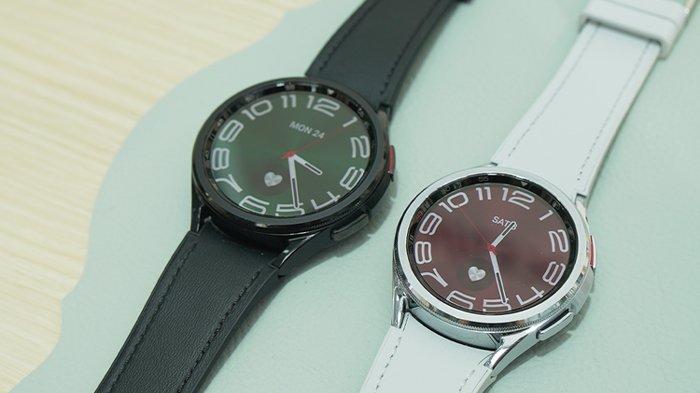Ilustrasi Galaxy Watch 6 Classic yang memiliki mahkota di atas layar dan dapat diputar-putar.