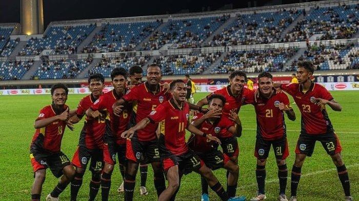 Selebrasi Timnas Timor Leste saat melawan Brunei Darussalam di Playoff Piala AFF 2024, Selasa (8/10/2024).