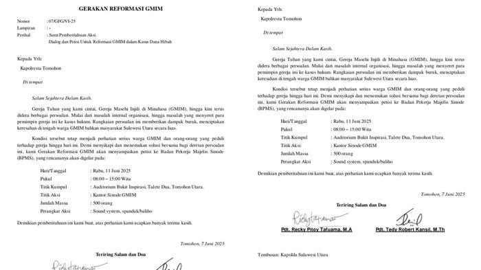 GMIM - Surat pemberitahuan demo Gerakan Reformasi GMIM di Kantor Sinode GMIM, Rabu (11/6/2025). Gerakan Reformasi GMIM bakal berdemo ajukan petisi di Kantor Sinode.