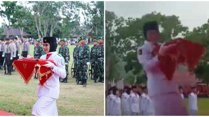 Anggota Paskibraka pembawa bakid, Nazwa Mamonto, terjatuh usai menyerahkan bendera kepada Wakil Bupati Bolmut, Amin Lasena, dalam upacara penurunan bendera HUT ke-78 RI, Kamis (17/8/2023) sore.