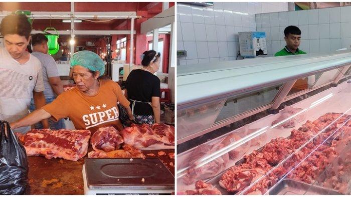 Perbandingan harga daging babi di pasar tradisional dan swalayan di Manado, Sulawesi Utara, Sabtu (22/7/2023).