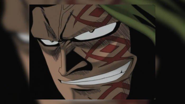 Close up wajah Monkey D. Dragon dari anime One Piece. Luka bakar dragon menjadi sorotan.