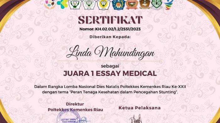 Juara 1 Lomba Nasional Essay Medical Dies Natalis ke-22 Poltekkes Kemenkes Riau
