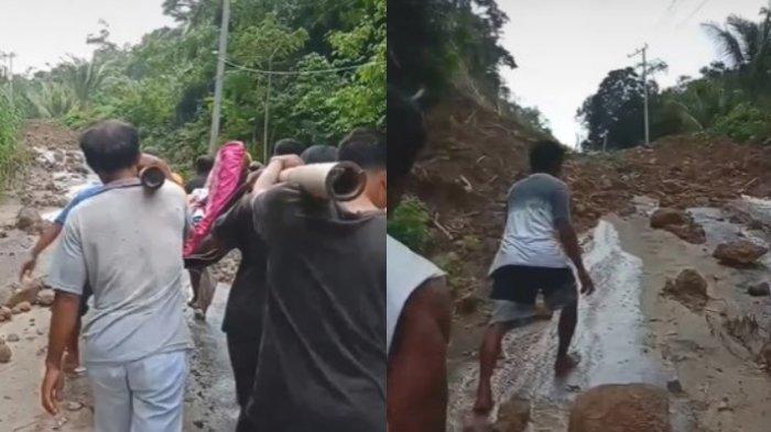 Viral di media sosial warga Desa Jiko Belanga, Kecamatan Nuangan, Kabupaten Boltim, Sulawesi Utara, menggotong orang sakit menggunakan tandu bambu seadanya melewati jalan rusak, Senin (12/8/2024).