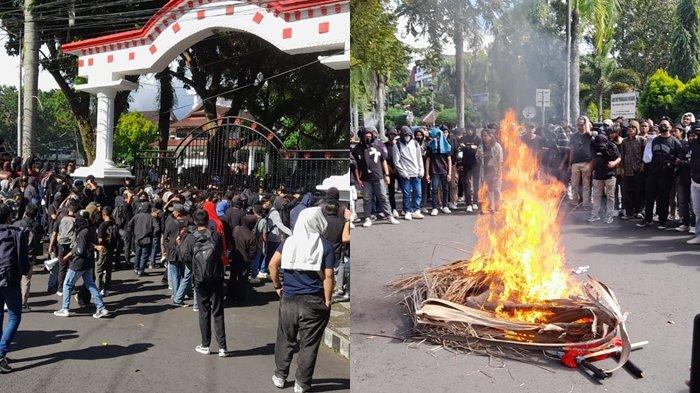 DEMO - Puluhan massa yang terdiri dari gabungan mahasiswa mencoba mendobrak pintu masuk kantor Gubernur Sulut dalam demo Indonesia Gelap, Rabu (19/2/2025). Tema demo mengikuti aksi di sejumlah daerah lainnya yakni Indonesia Gelap.