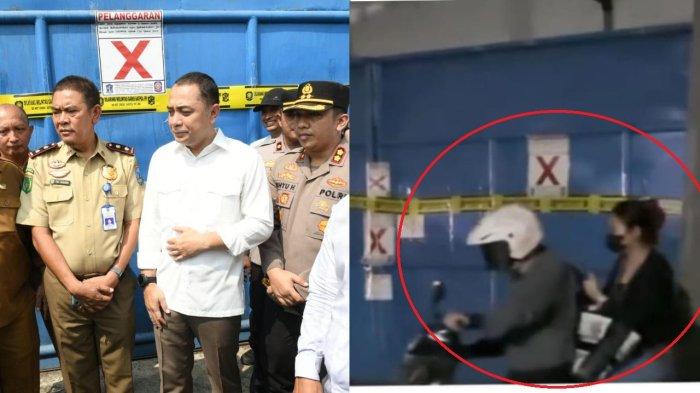Foto sisi kiri Wali Kota Surabaya Eri Cahyadi didampingi Kapolres Polres Pelabuhan Tanjung Perak Surabaya AKBP Wahyu Hidayat, SIK MH datang secara langsung dan memimpin jalannya penyegelan gudang Sentoso Seal yang berada di Pergudangan Margomulyo Suri Mulia Permai blok H-14, Surabaya, Selasa (22/4/2025). Foto sisi Kanan Pegawai dari Gudang Sentoso Seal diduga masih beroperasi meskipun disegel Pemkot Surabaya