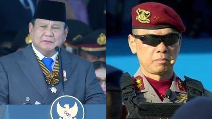 PRABOWO PANGGIL DADANG - (kiri) Presiden Prabowo Subianto saat memberikan amanat di acara peringatan Hari Bhayangkara ke-79 di Lapangan Monas, Jakarta, Selasa (1/7/2029). (kanan) Irjen Dadang Hartanto jadi komandan upacara Hari Bhayangkara ke-79.