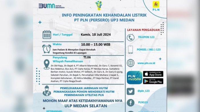 22 LOKASI Pemadaman Listrik Hari Ini di Wilayah Medan Selatan, Mulai Pukul 10.00 hingga 15.00 WIB