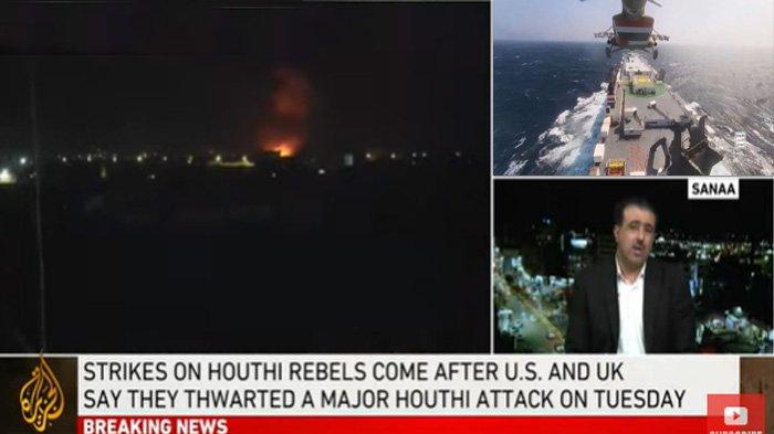 AS-INGGRIS Gempur Houthi Yaman, Kamis (11/1/2024) malam. Hal Itu Sebagai Balasan Pembajakan Kapal Tanker Minyak MV St Nikolas di Laut Merah yang Dilakukan oleh Militan Houthi Yaman yang Didukung Iran. (X)