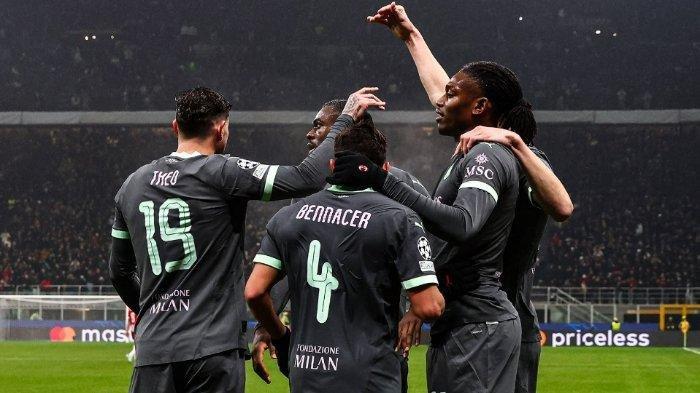 Selebrasi pemain AC Milan setelah mencetak gol ke gawang Girona pada pekan 7 Liga Champions di Stadion San Siro, Italia, Kamis (23/1/2025). AC Milan menang 1-0.