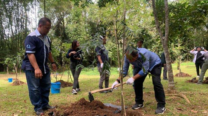 PARA jurnalis ikut melestarikan lingkungan di sekitar pabrik Aqua dengan bersama-sama melakukan penanaman pohon.