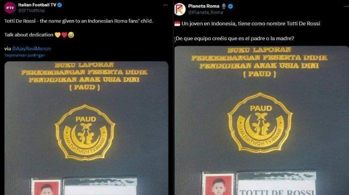Dua media asal Italia menyoroti bocah asal Cirebon yang memiliki nama gabungan legenda AS Roma, Totti De Rossi. Francesco Totti dan Daniele de Rossi merupakan legenda hidup dari tim Serie A asal Kota Roma. (Kolase Tribunnews)