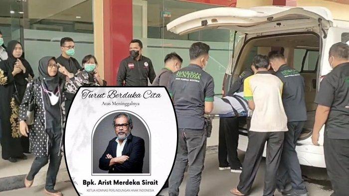 Ketua Komisi Nasional Perlindungan Anak (Komnas PA) Arist Merdeka Sirait (63) meninggal dunia di RS Polri Kramat Jati, Jakarta Timur, Sabtu (26/8/2023) pagi. Rencananya akan dimakamkan di kampung halamannya di Porsea, Kabupaten Toba, Sumatera Utara, pada Selasa pekan depan. Jenazah Arist Merdeka Sirait dibawa pihak keluarga ke Rumah duka RSPAD Gatot Soebroto, Jakarta Pusat guna disemayamkan, Sabtu (26/8/2023). Setelah itu, baru pada Selasa (29/8/2023) pagi, jenazah Arist diterbangkan ke kampung halamannya di Porsea, Kabupaten Toba, Sumatera Utara. (WartaKota/Rendy Rutama Putra)