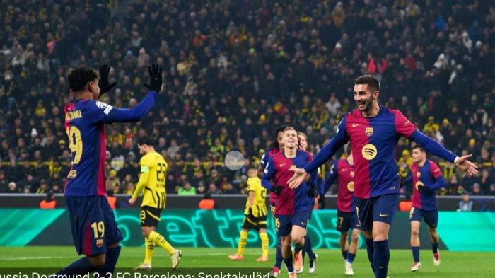 MENANG - Pemain Barcelona selebrasi usai berhasil menang atas Borussia Dortmund pada babak penyisihan grup Liga Champions 2024-2025.