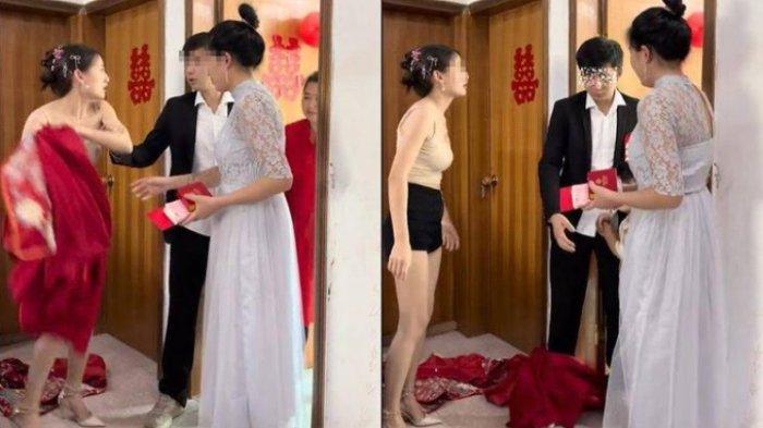 BATALKAN PERNIKAHAN: Pengantin wanita di Tiongkok lepas gaun pengantinnya dan batalkan pernikahan usai mengetahui rahasia gelap calon suaminya. Menurut salah satu kerabat, pengantin pria diam-diam memiliki seorang anak yang kini tinggal di pedesaan bersama neneknya. (SANOOK.COM)