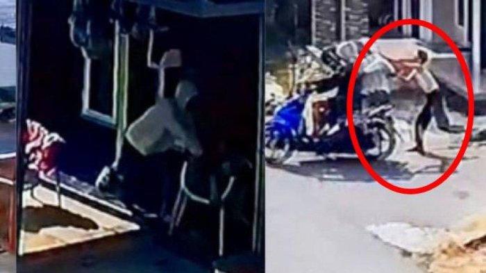 Kolase bidik layar video rekaman CCTV detik-detik bocah SD menggagalkan penjambretan, Jumat (20/10/2023). (Kompas.com)